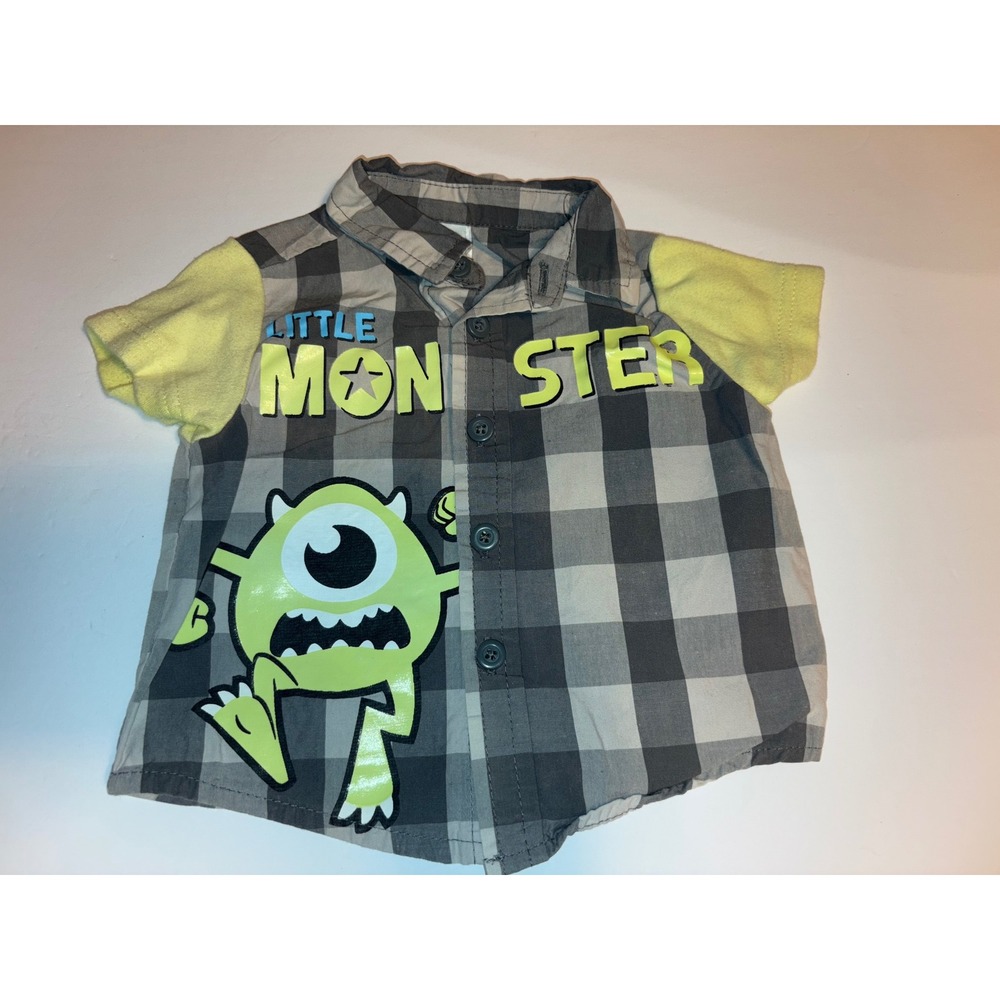 Vintage Disney Baby Little Monster Plaid Button Down Shirt - Size 3-6 Months
